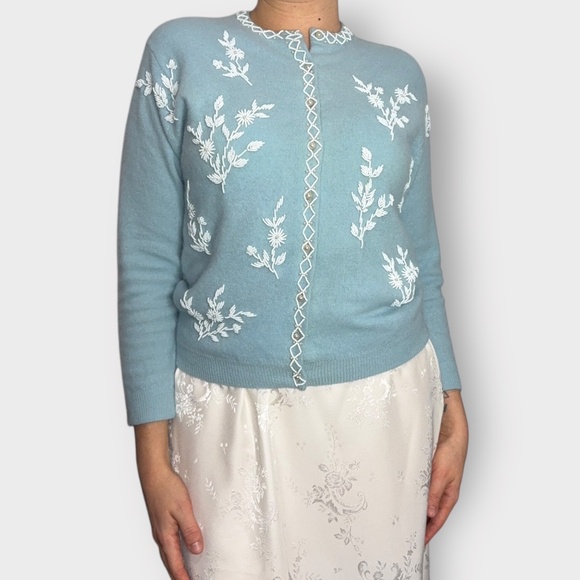 Vintage 1960s Creations By Harilela’s, Angora, Wool Blue Beaded Cardigan Sweater - Picture 1 of 10
